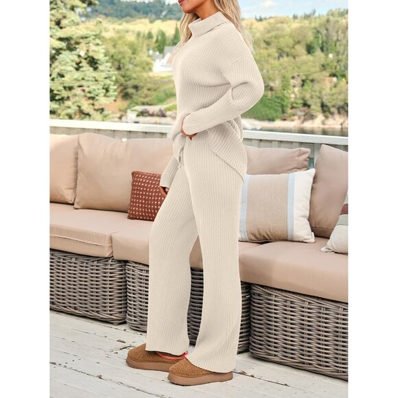 Women's Cozy Knit Two Piece Lounge Set Turtleneck Wide Leg Pants Casual - Picture 3 of 6